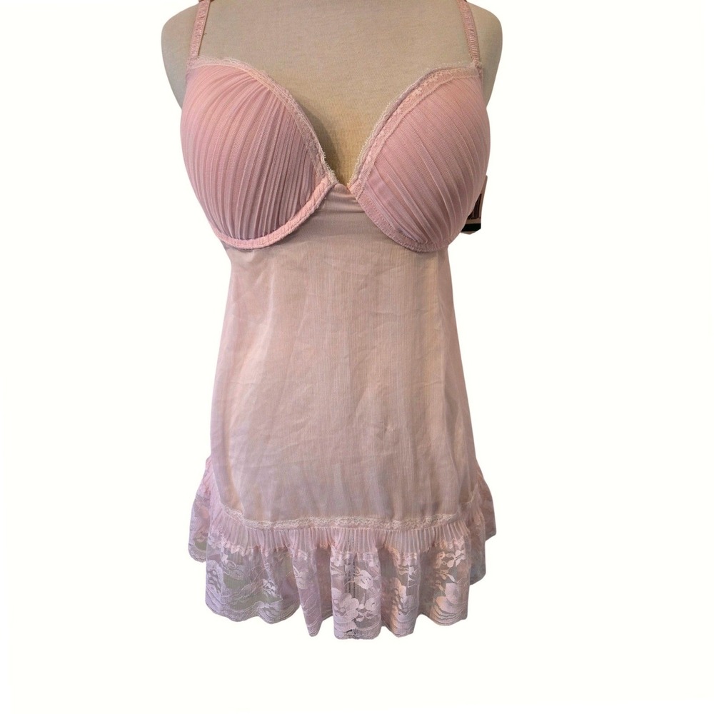 NWT Jezebel Pink Pleated Mesh Lace Trim Babydoll Chemise Lingerie Dress Y2K L